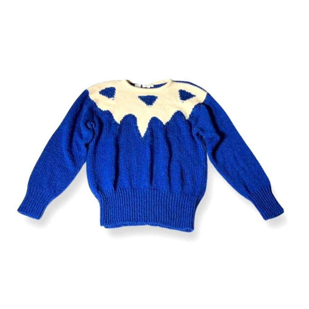 Albee Vintage Cobalt Blue and Cream Adorned Crew Neck Sweater Size Large